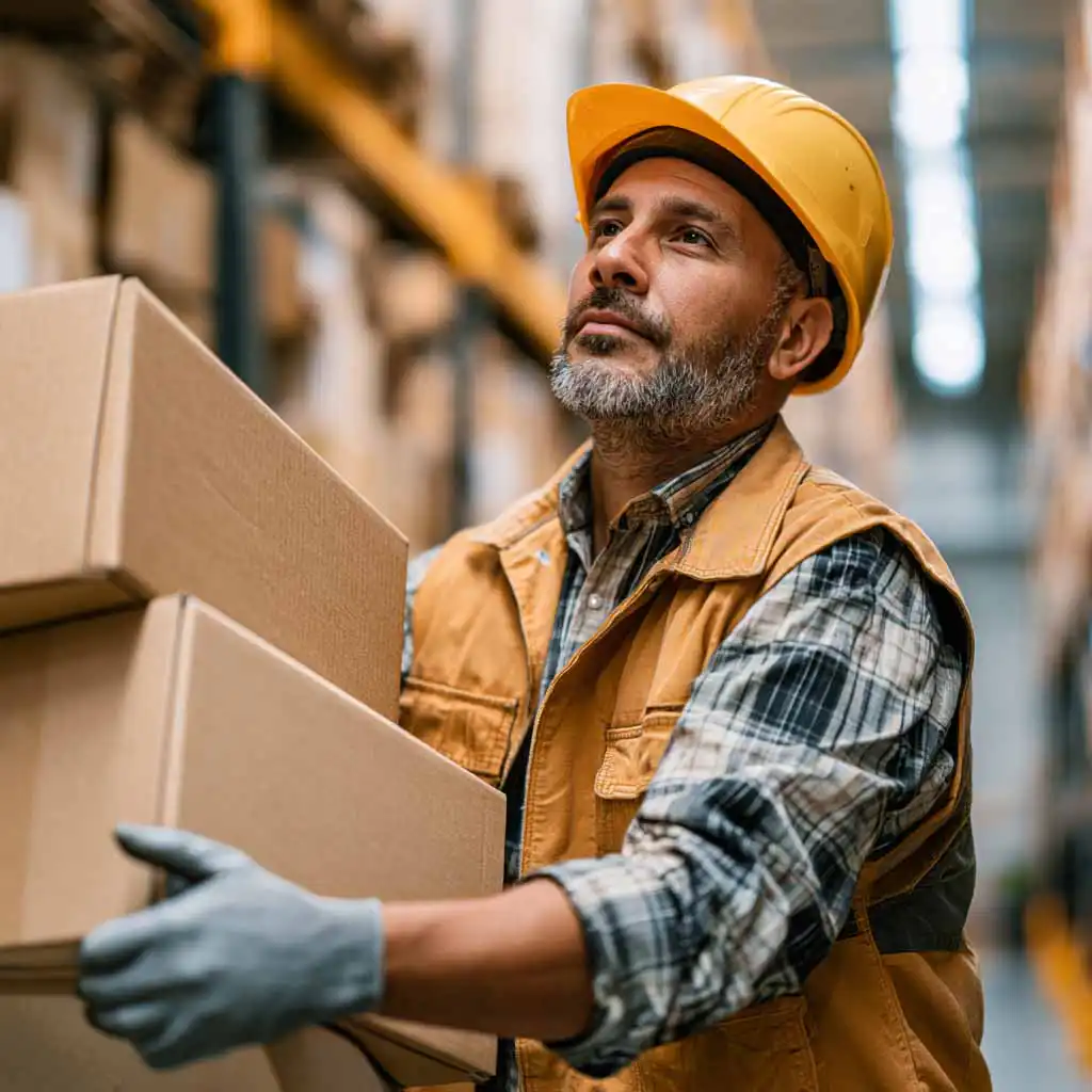 Warehouse worker lifting boxes in a St. Charles County distribution center