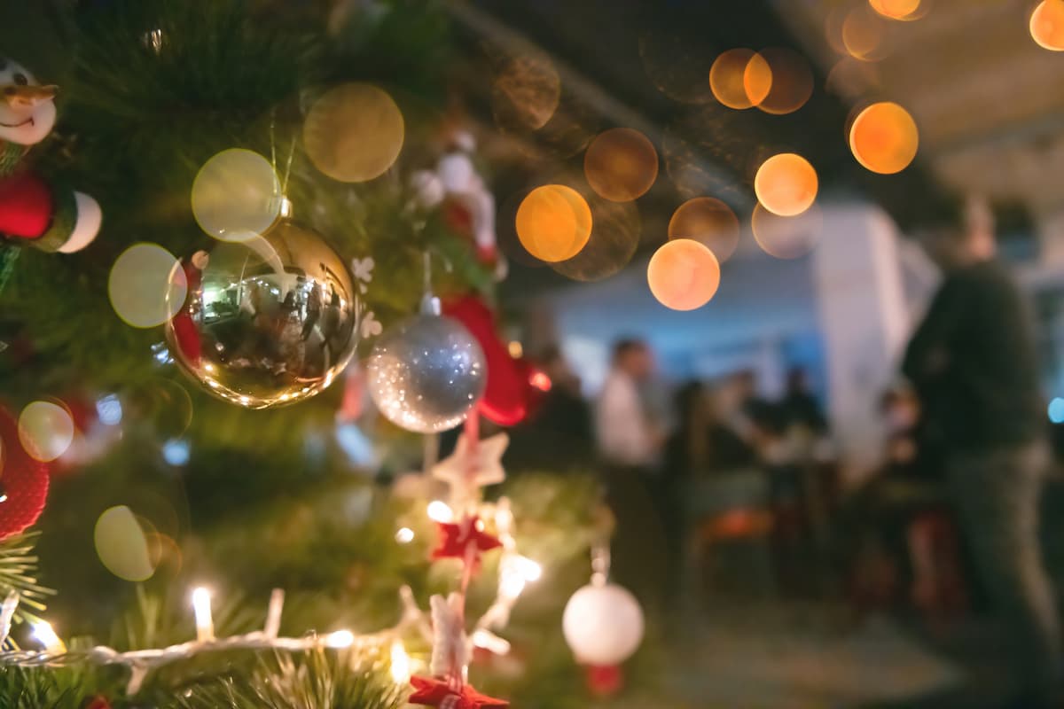 ornaments and christmas lights at work